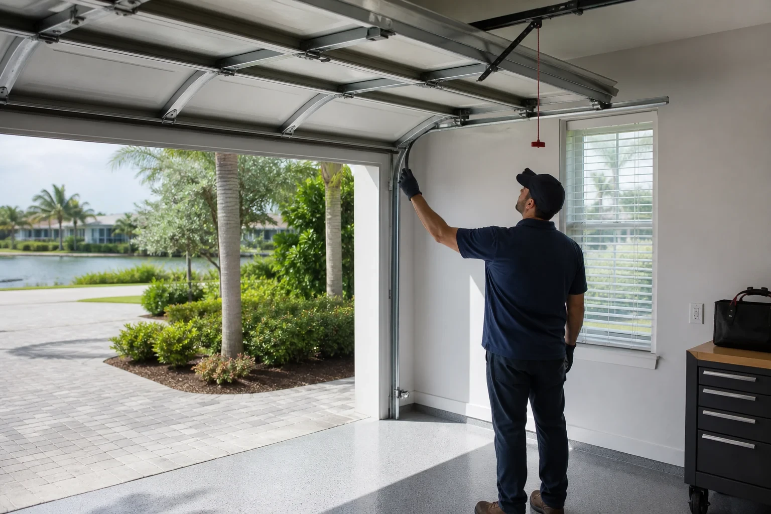 Person reaching toward the track beneath an open garage door