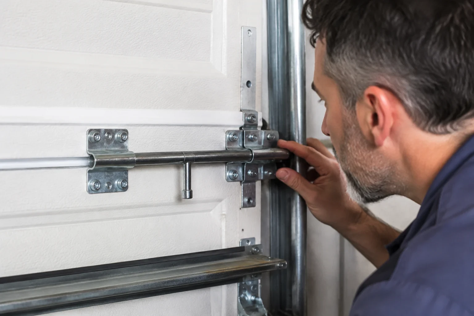 Sliding bolt across a garage-door panel near a hinge