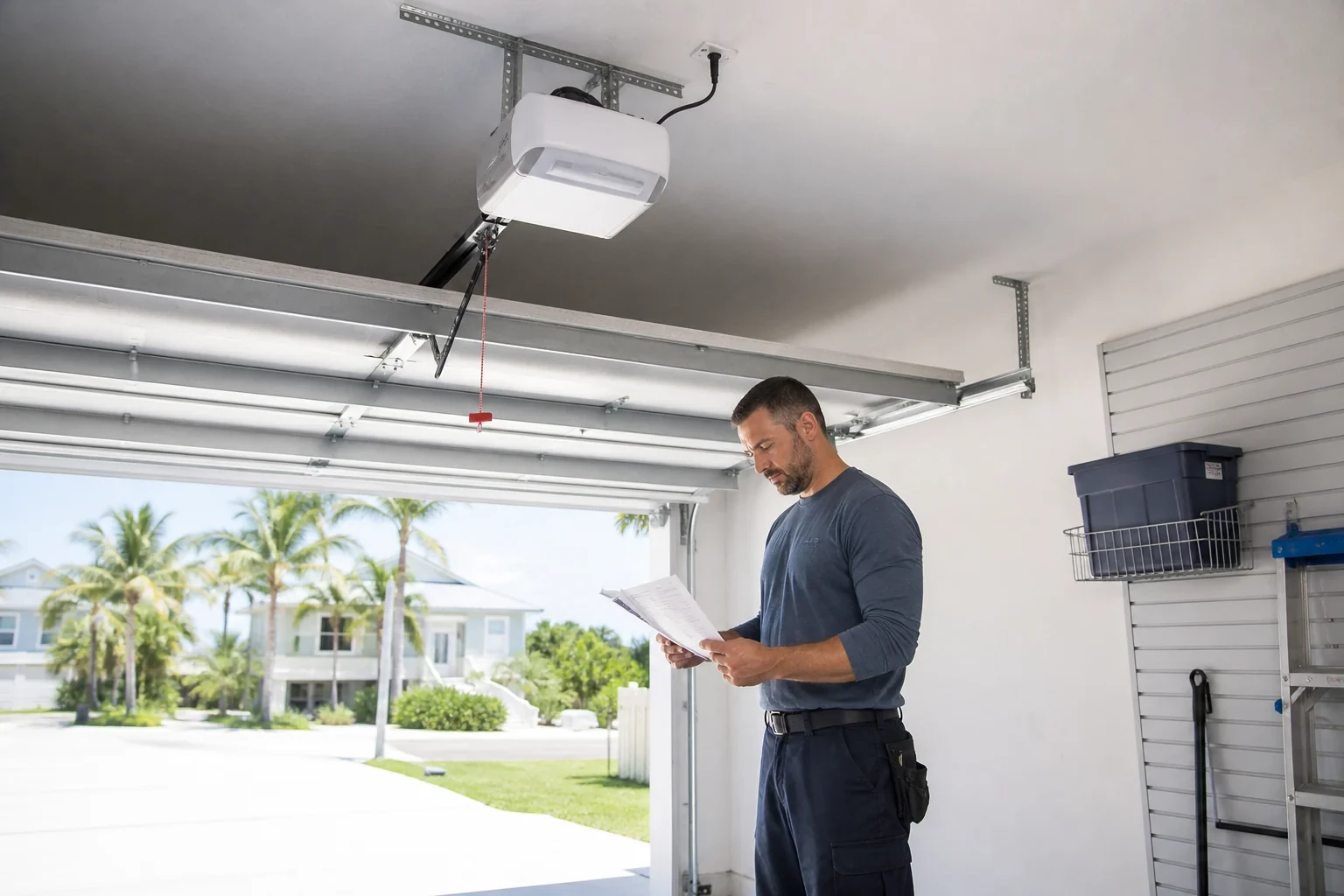 Ceiling-mounted opener and rail above a person reviewing papers