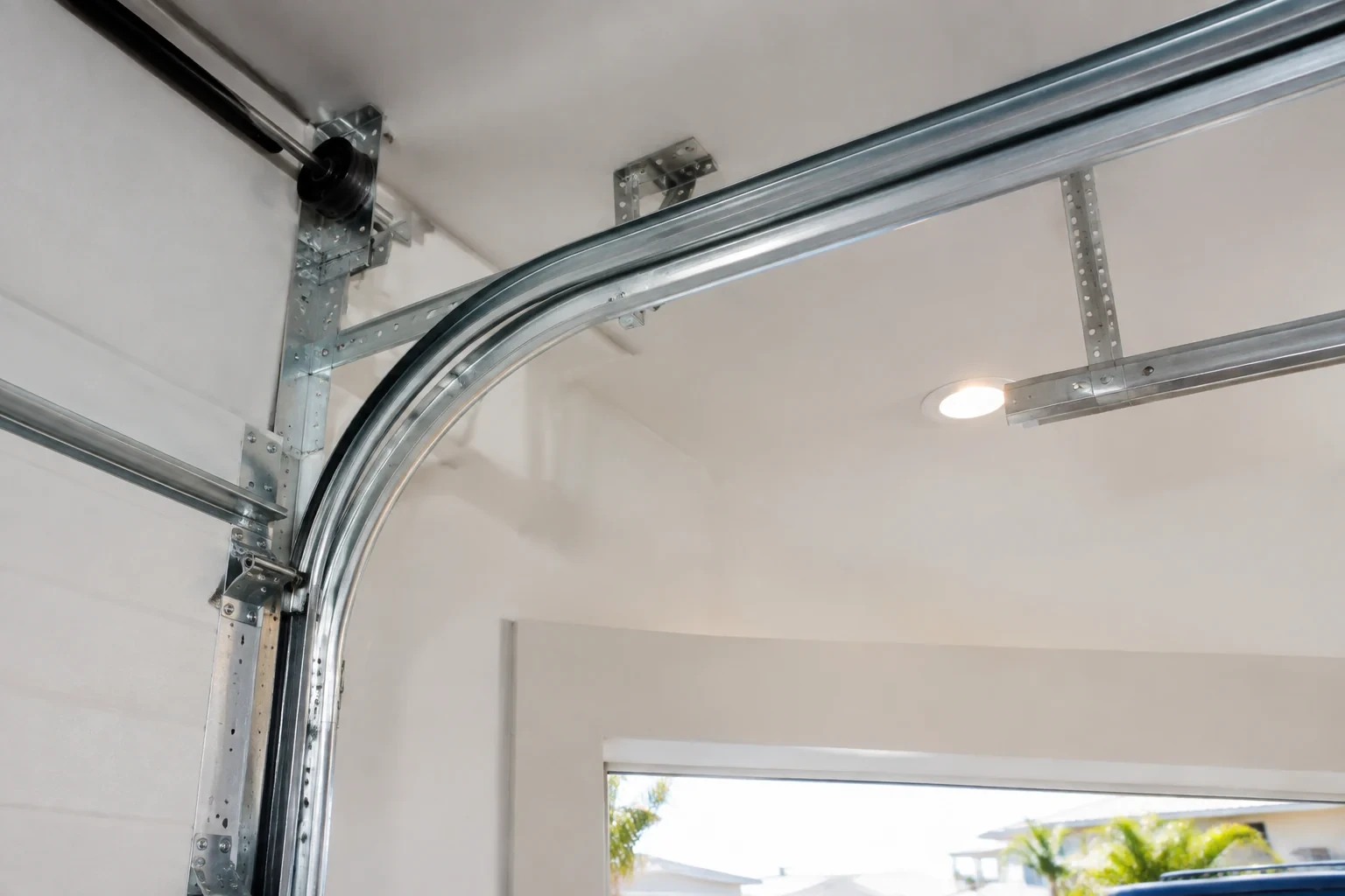 Curved garage-door track and its supports