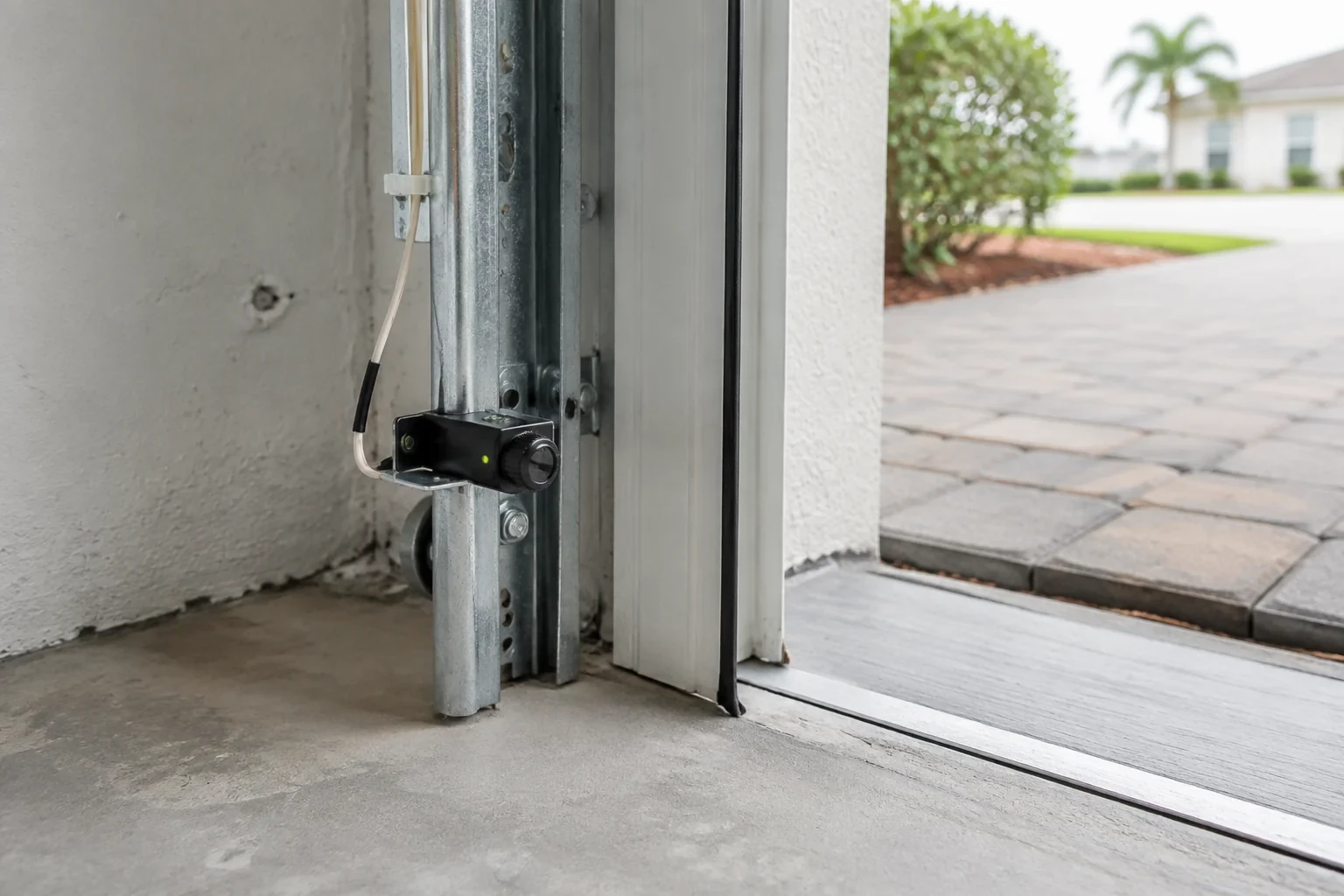 Black device with a circular front beside a garage-door track